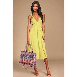 Lulus Bold New Look Lime Green Tie-back Midi Dress With Pockets - Size L